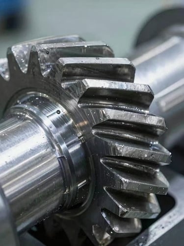 Macro detail shot of a machined steel automotive gear, sharp focus on metallic teeth tolerances, cool daylight, realistic factory-floor illumination, 50mm