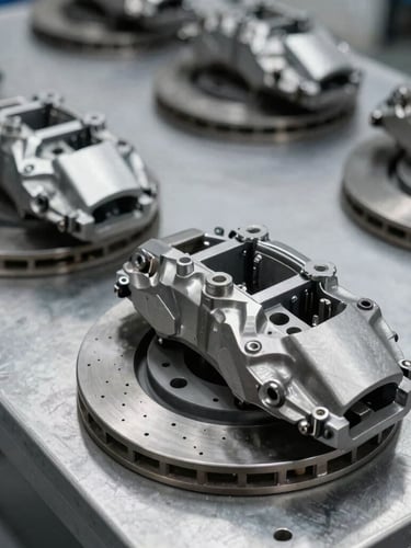 Industrial commercial photography, cool daylight, sharp focus on machined metal automotive brake calipers on a steel inspection table, high contrast, 50mm