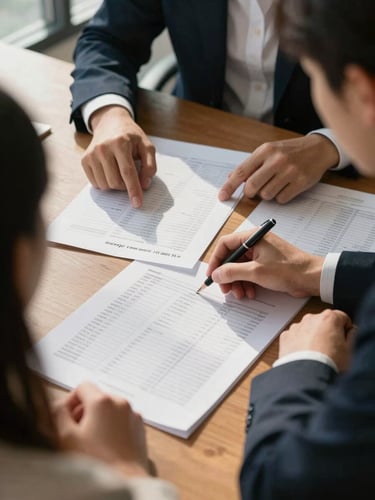 Close environmental shot from above-left: a consultant and a professional client seated at a wooden desk, documents and printed occupation code lists spread between them, consultant's finger pointing to a specific line item, natural daylight from a side window casting soft shadows across the paperwork