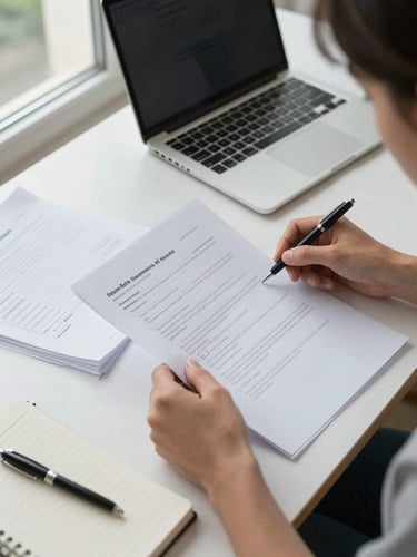 Close environmental shot from above a consultation table: a consultant's hands sorting through printed application documents and handwritten case notes beside a laptop screen, natural daylight from a window to the left, papers mid-arrangement, ink pen resting on an open notebook, no faces visible