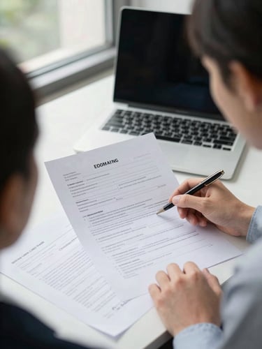 Close environmental shot from slightly above: a consultant and client seated across a desk, printed application forms and a laptop screen visible between them, the consultant pointing to a specific line on a document, natural daylight from a window to the left, paperwork and handwritten notes filling the foreground