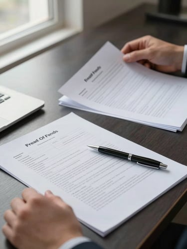 Close environmental shot of a consultant's desk from a low side angle, application documents and a printed proof-of-funds statement spread across the surface, a pen resting on a partially completed form, natural window light from the upper left, a second set of hands visible at the edge of the frame reviewing a separate page, no faces visible
