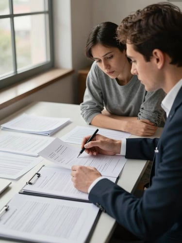 Close environmental shot from the side of a consultant and client seated at a wide desk covered in printed application forms and open folders, natural daylight from a large window to the left, consultant pointing at a document with a pen, client leaning forward attentively, warm office interior visible in background, no faces turned toward camera