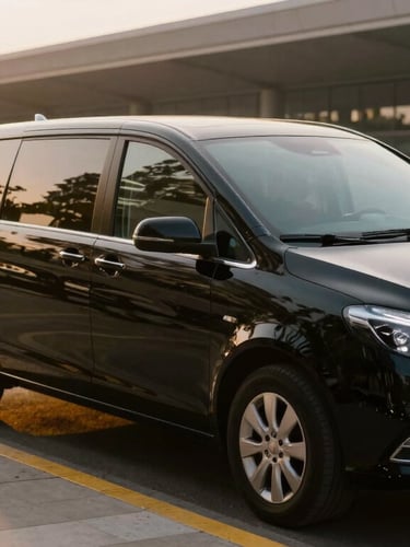A sleek black private transfer vehicle waiting in soft golden-hour daylight beside an elegant terminal curb, documentary travel photography style.