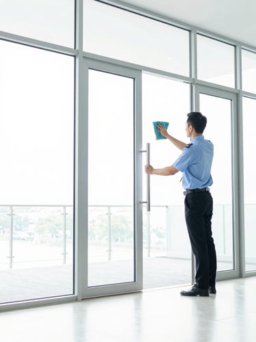 Medium shot of a uniformed professional diligently cleaning a modern corporate glass door, bright high-key lighting, crisp interior.