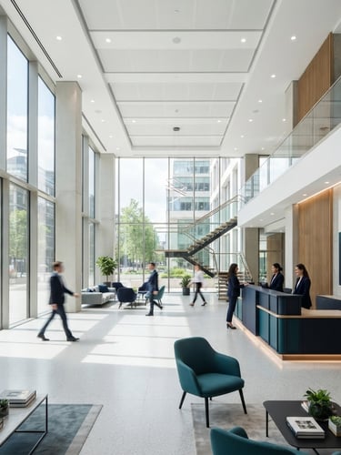 Wide architectural shot of a spotless modern office lobby, bright high-key daylight, crisp interior lighting, clean cool tones, navy and teal accents.
