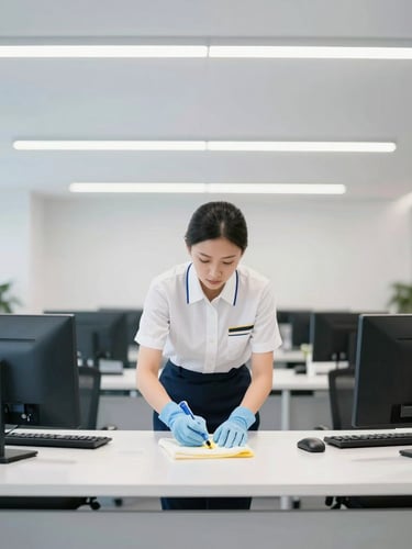 A professional commercial cleaner in a neat uniform sanitizing a modern office desk, crisp interior lighting, focused work.