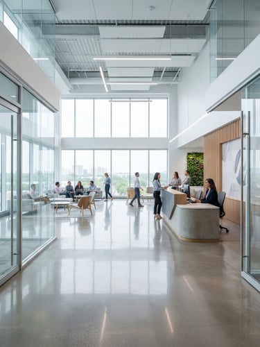 Bright high-key commercial photography of a modern office lobby with polished concrete floors and glass partitions, crisp clean daylight.