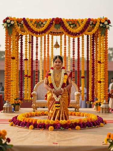 Vibrant editorial photography of a grand South Indian wedding stage setup in Kurnool, rich marigold garlands, glowing golden-hour light, shallow depth of field, 35mm