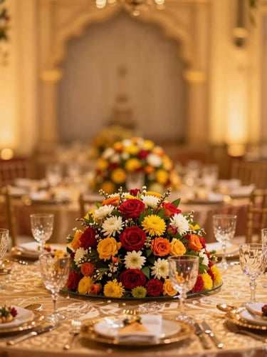 Vibrant editorial photograph of a beautifully styled South Indian wedding banquet table, rich floral centerpieces, warm golden lighting, shallow depth of field