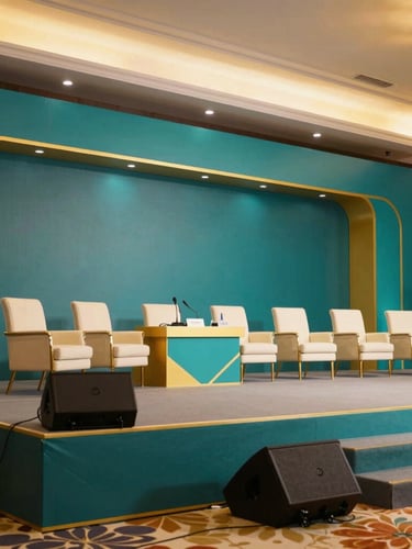 Wide environmental shot of a modern corporate conference stage in Kurnool, elegant warm lighting, royal teal and gold accents, professional setup, 35mm