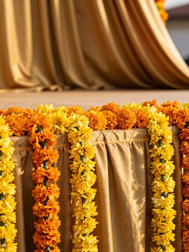 Vibrant floral stage detail with fresh marigold garlands and rich gold drapes, warm morning light, shallow depth of field, 35mm