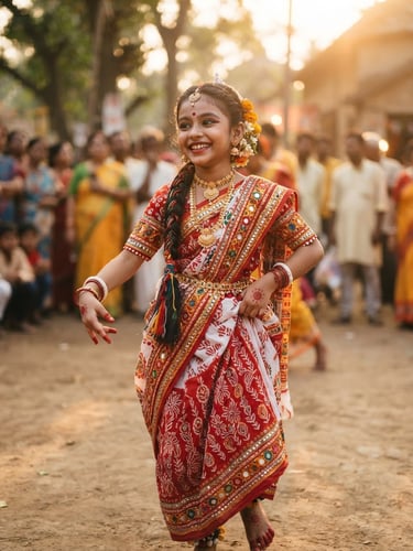 A warm candid portrait of a young Bengali girl smiling in a vibrant traditional folk dance costume, golden-hour natural sunlight, soft outdoor background.