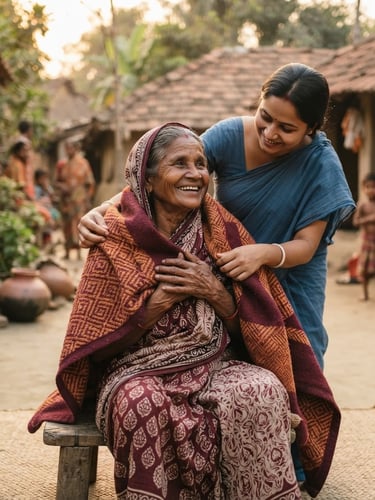 A candid portrait of a smiling older Bengali woman receiving a warm blanket, natural golden-hour sunlight, terracotta village background, warm documentary style.