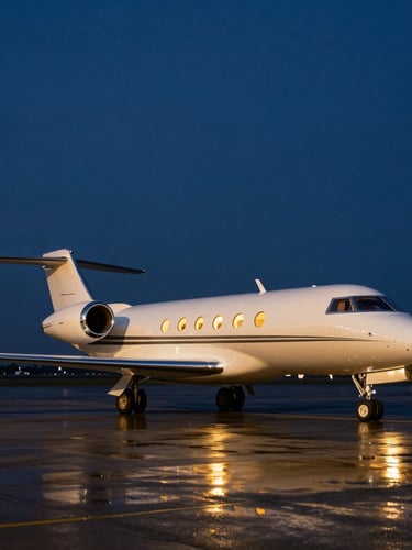 Dramatic wide-angle shot of a private luxury jet parked on a wet tarmac at dusk, golden cabin lights glowing, deep blue sky, cinematic editorial photography