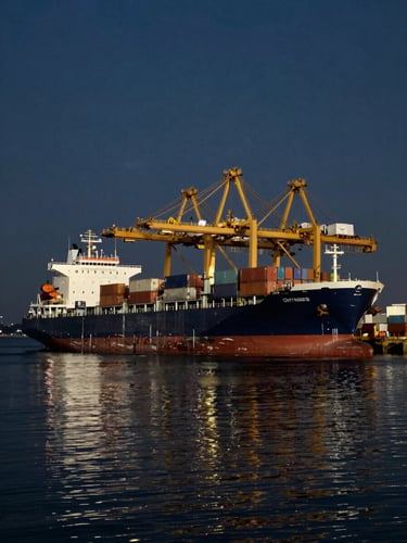 A massive cargo ship docked at a deep-water port at dusk, golden container cranes reflecting on dark water, high-contrast natural daylight