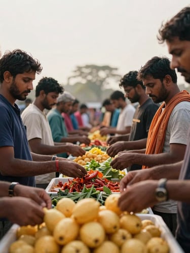 Candid, unposed documentary photo of a community food distribution drive in India, warm natural overcast light, authentic human interaction, 35mm lens