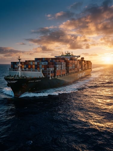 Wide-angle dramatic shot of a massive container vessel cutting through deep ocean waters, golden hour sunlight reflecting off the metallic hulls, deep navy sea, cinematic editorial photography, 35mm lens.