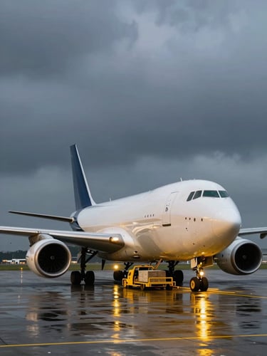 A large cargo aircraft loading freight on a wet tarmac under dramatic overcast sky, bright yellow ground crew lights, cinematic editorial photography