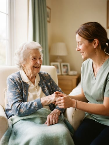 Warm editorial photography of a professional caregiver in a soft sage green uniform holding the hand of an smiling elderly woman in a sunlit warm cream room, soft window light, shallow depth of field, 35mm lens