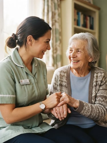 Warm editorial photography of a professional caregiver in a soft sage green uniform holding the hand of an elderly woman who is smiling warmly. Soft natural window light, warm cream background, shallow depth of field, 35mm lens.