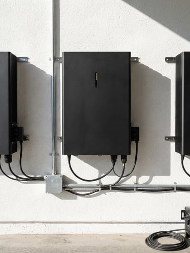 Sleek matte-black battery units mounted on a clean garage wall, direct bright sunlight casting sharp technical shadows, premium architectural photography, 35mm lens