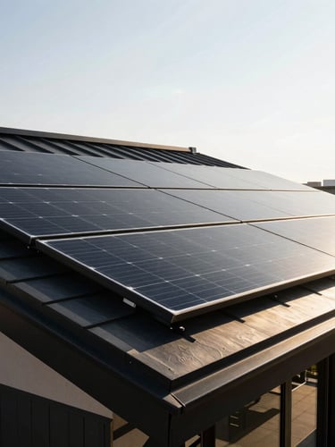 Modern architectural home with a sleek, matte-black solar array on the roof, bright direct sunlight casting crisp shadows, wide framing, low horizon, premium architectural photography, high-contrast black and gold tones, sharp focus, 35mm lens