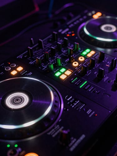 Macro shot of a high-end DJ controller deck, glowing green LED level meters, vinyl platter spinning under low-key moody club strobes.