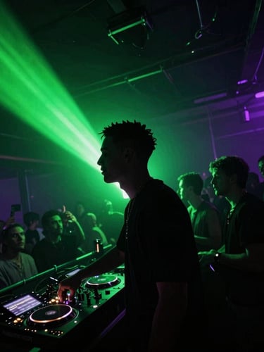 Dynamic Dutch angle portrait of DJ Wick4u in high-contrast silhouette against a pulsing neon green strobe light and a packed warehouse crowd.
