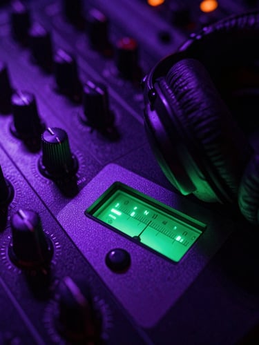 Macro shot of metallic headphone textures and glowing green VU meters on a mixer, moody club lighting, deep shadows.