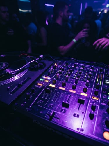 Close-up of a glowing DJ mixer under neon violet lights, vinyl spinning in deep shadow, high-contrast strobe reflections, wide-angle perspective.