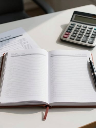 A straight-on eye-level view of an orderly Edmonton office desk, a physical ledger with a classic calculator, and a high-quality pen resting on clean tax documents under bright natural daylight.