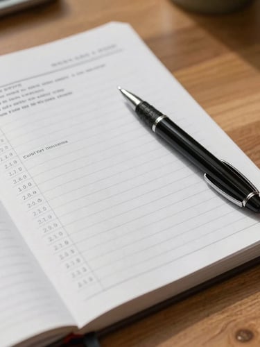 Close-up detail of a physical ledger, a classic pen resting on structured tax documents on a clean wooden desk in natural daylight.