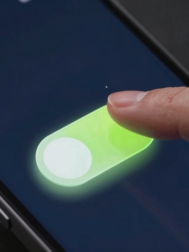 Dynamic close-up of a finger interacting with an Android screen. A beautifully rendered neo-skeuomorphic widget toggle snaps into place, emitting subtle 3D depth and soft lime green lighting against a dark cobalt canvas.