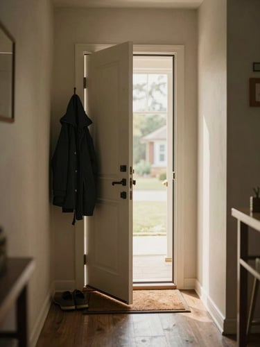 Wide environmental shot of a home entryway as seen from inside, soft morning light coming through a half-open front door, a pair of shoes near the mat, a caregiver's coat just visible on a hook — the feeling of someone arriving, warm and unhurried