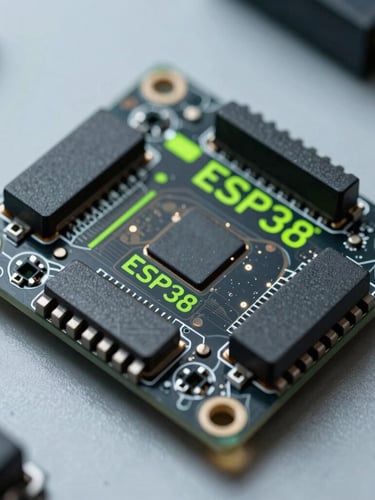 Orthographic top-down macro shot of an ESP32 development board, clean black solder mask, crisp cyber-lime silkscreen markings, cool laboratory lighting