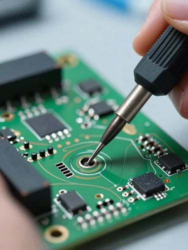 Close-up macro of hands soldering custom pin headers onto a green PCB board, precise solder joints visible, cool laboratory lighting