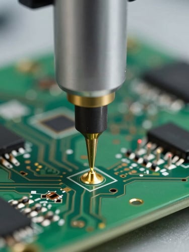 Macro photograph of a testing rig probe touching a gold-plated test point on a green printed circuit board, cold crisp laboratory lighting, shallow depth of field.