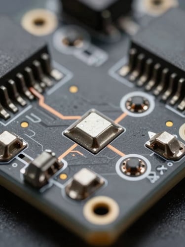 Ultra-close macro photograph of an ESP32 microcontroller soldered onto a matte black PCB, clean silver solder joints reflecting cool directional laboratory lighting, sharp highlights on copper traces, shallow depth of field, technical precision focus