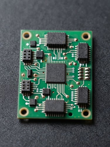 Macro top-down orthographic product photograph of an ESP32 microcontroller board on a dark matte background, crisp laboratory lighting highlighting silver solder traces and green solder mask.