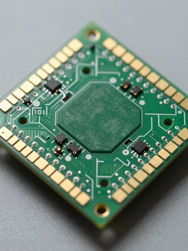 Macro photo of a green PCB expansion shield showing gold-plated pin headers, crisp laboratory lighting, orthographic top-down angle.