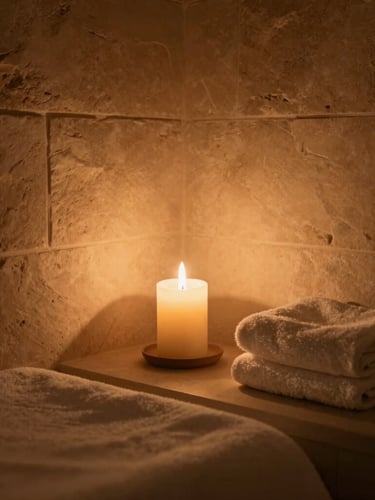 A tight editorial shot of a luxurious private spa suite in a villa, soft warm candlelight casting gentle shadows on immaculate stone walls, folded plush towels nearby.