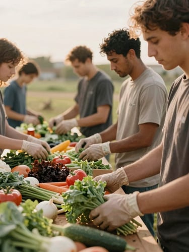 Volunteers sorting fresh vegetables in a community food pantry, soft overcast daylight, rich muted earth tones
