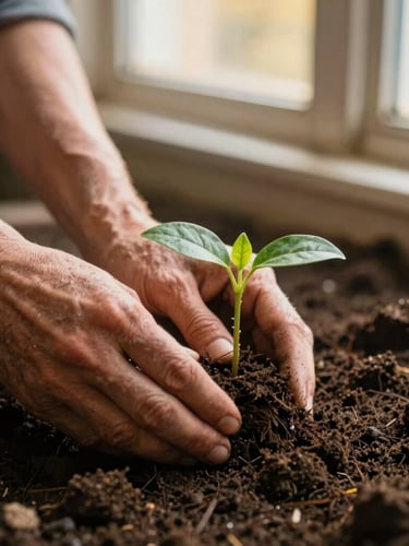 Close-up of weathered hands planting a small green sapling in rich dark soil, warm natural golden-hour window light, soft focus, 35mm film style