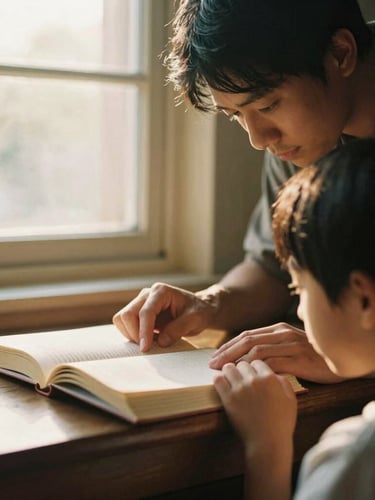 Hands of a mentor guiding a young student over an open book, warm golden-hour window light, soft focus, 35mm film style