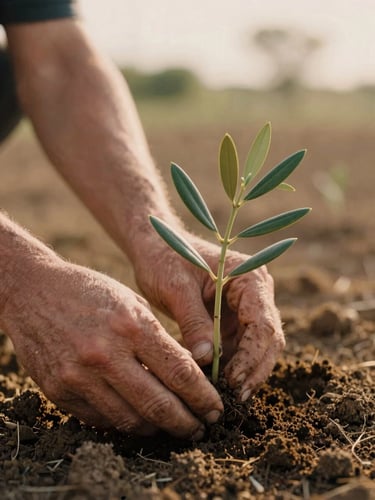 A close-up of weathered hands planting a young olive sapling in rich, warm soil, soft golden-hour natural light, 35mm film style.
