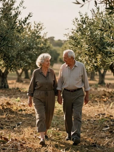 An elderly couple walking hand-in-hand through a sunlit olive grove, warm natural golden-hour light, soft focus, rich muted earth tones, 35mm film style