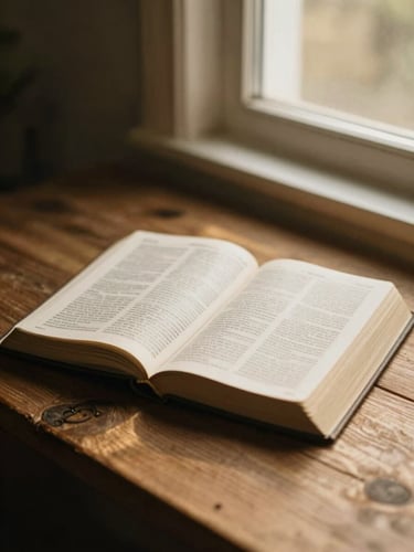 A quiet moment of study under warm golden-hour window light, an open Bible on a rustic wooden table, soft focus editorial style.