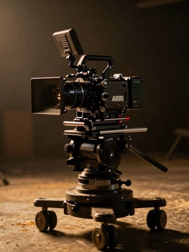 Cinematic film photography, behind-the-scenes on-set lighting setup, a high-contrast ARRI camera rigged on a dolly, dramatic low-key lighting with warm golden hour highlights, anamorphic lens, 35mm grain
