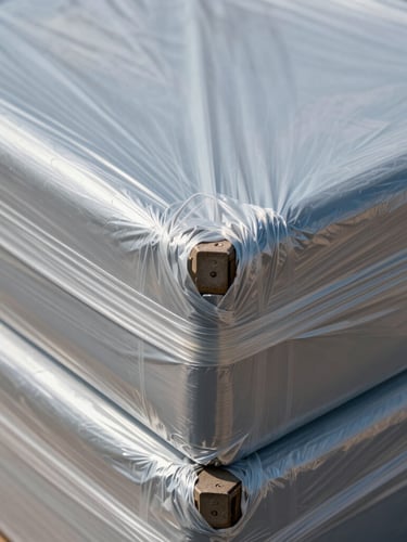 Extreme close-up of heavy-duty industrial shrink-wrap tensioned over the sharp corner of a double-corrugated crate, bright daylight highlighting the plastic texture.